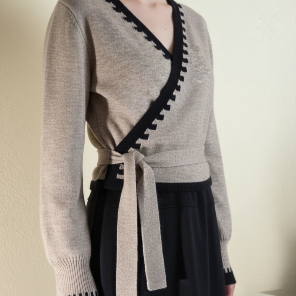 Heather Beige Wrap Sweater with Black Trim